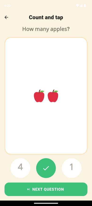 KidSpin Count and tap game: “How many apples?” with two apples and three number answers