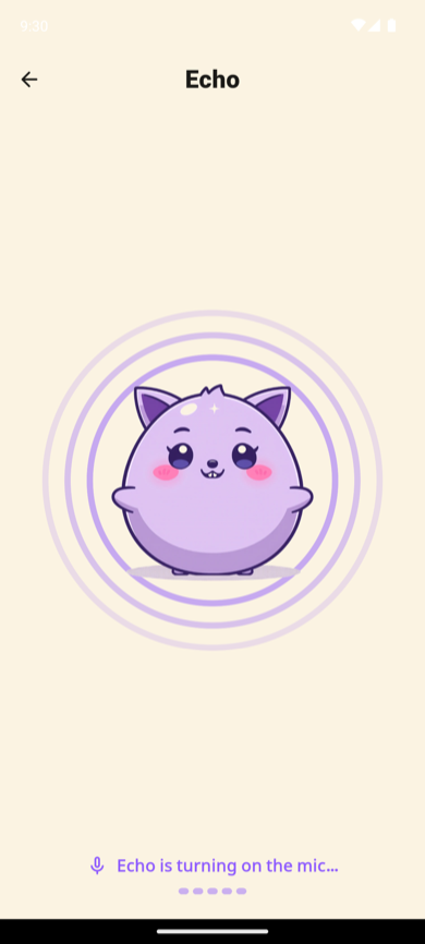 Echo, a round purple cartoon friend, listening