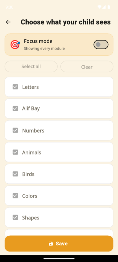 Parent screen: Choose what your child sees, a list of modules with checkboxes and a Focus mode switch