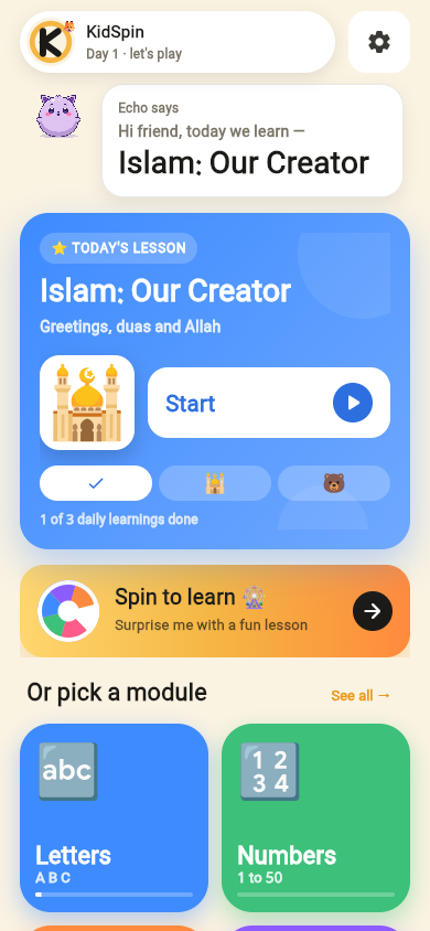 KidSpin home screen — Today's lesson card, Echo greeting, Spin to learn, and Letters / Numbers tiles
