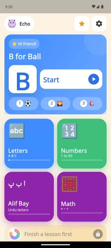 KidSpin screenshot. Home: today's lesson with a big Start button