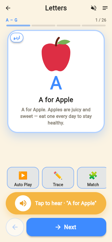 Letters module — A for Apple card with Urdu toggle, Auto Play, Trace, Match buttons
