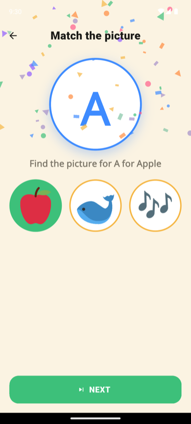 Match game: A with the apple selected and confetti