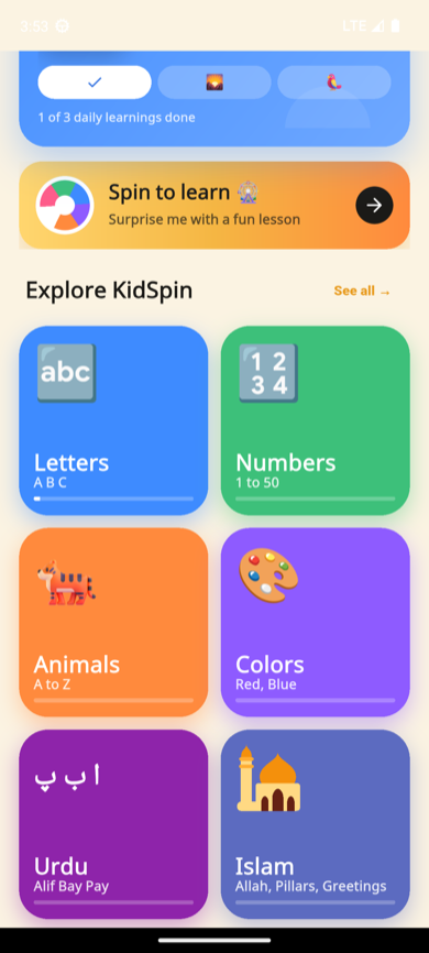 KidSpin home — 1 of 3 daily learnings done, Spin to learn banner, Explore modules grid
