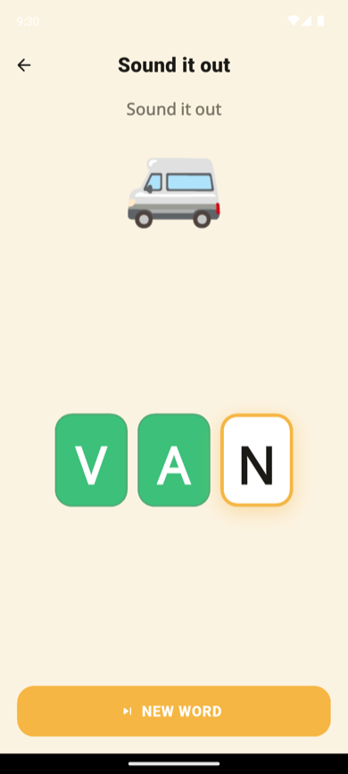 Sound it out game: van picture with V and A tiles green and N next