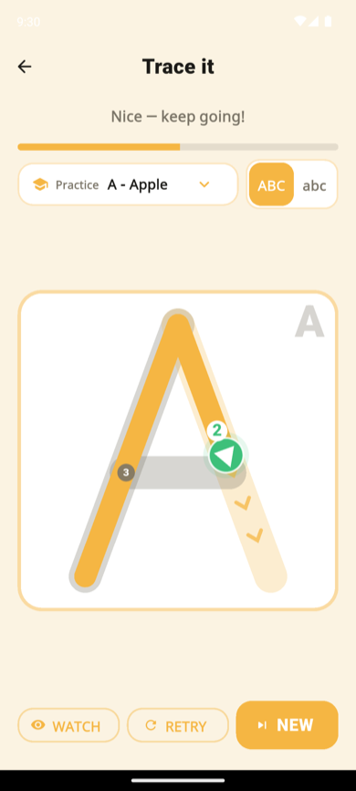 Tracing the letter A: first stroke done, green dot numbered 2 halfway down the second stroke