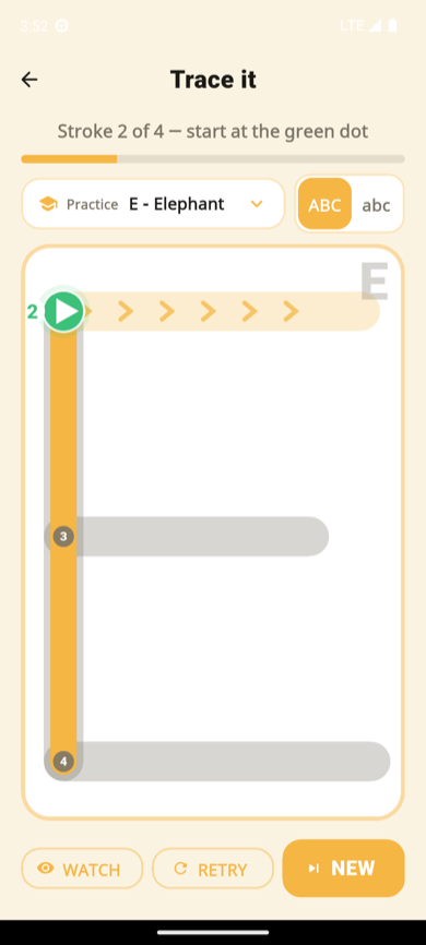 Trace it — letter E with stroke 1 traced, numbered start dots and chevron guides for stroke 2